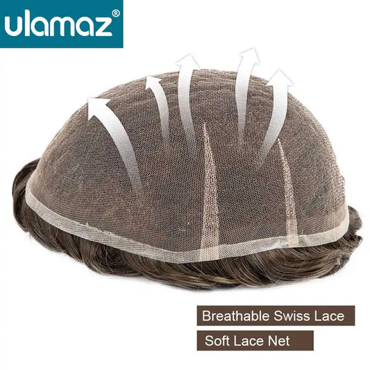 Swiss Lace Toupee Mens Wigs Invisible Male Hair Prosthesis 100% Density Human Hair Natural Hair Wig Man Full Lace Hair System
