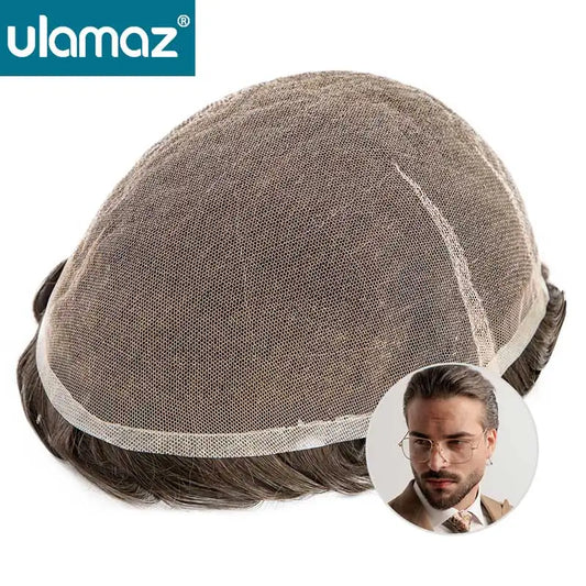 Swiss Lace Toupee Mens Wigs Invisible Male Hair Prosthesis 100% Density Human Hair Natural Hair Wig Man Full Lace Hair System